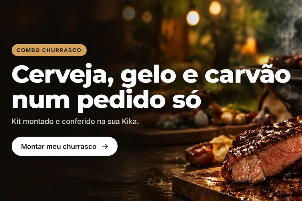 Combo churrasco: cerveja, gelo e carvão num pedido só. Kit montado e conferido na sua Kika.