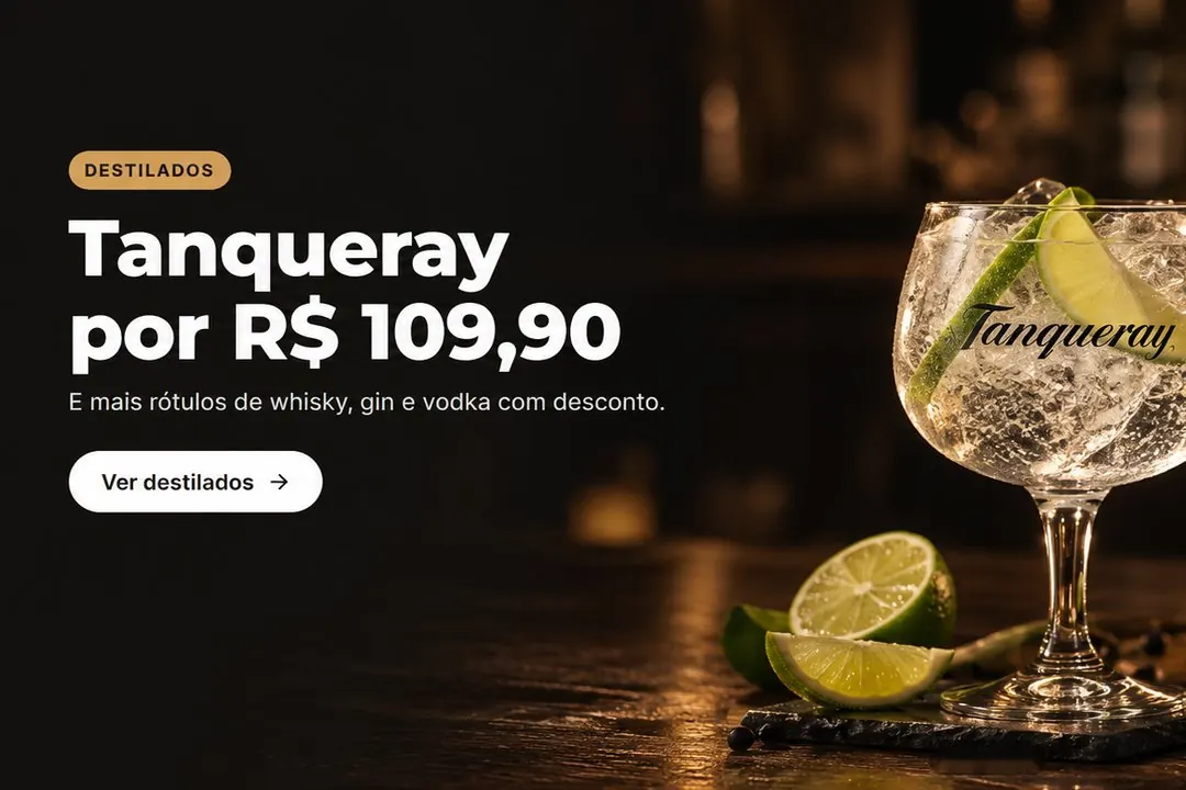 Destilados: Tanqueray por R$ 109,90. E mais rótulos de whisky, gin e vodka com desconto.